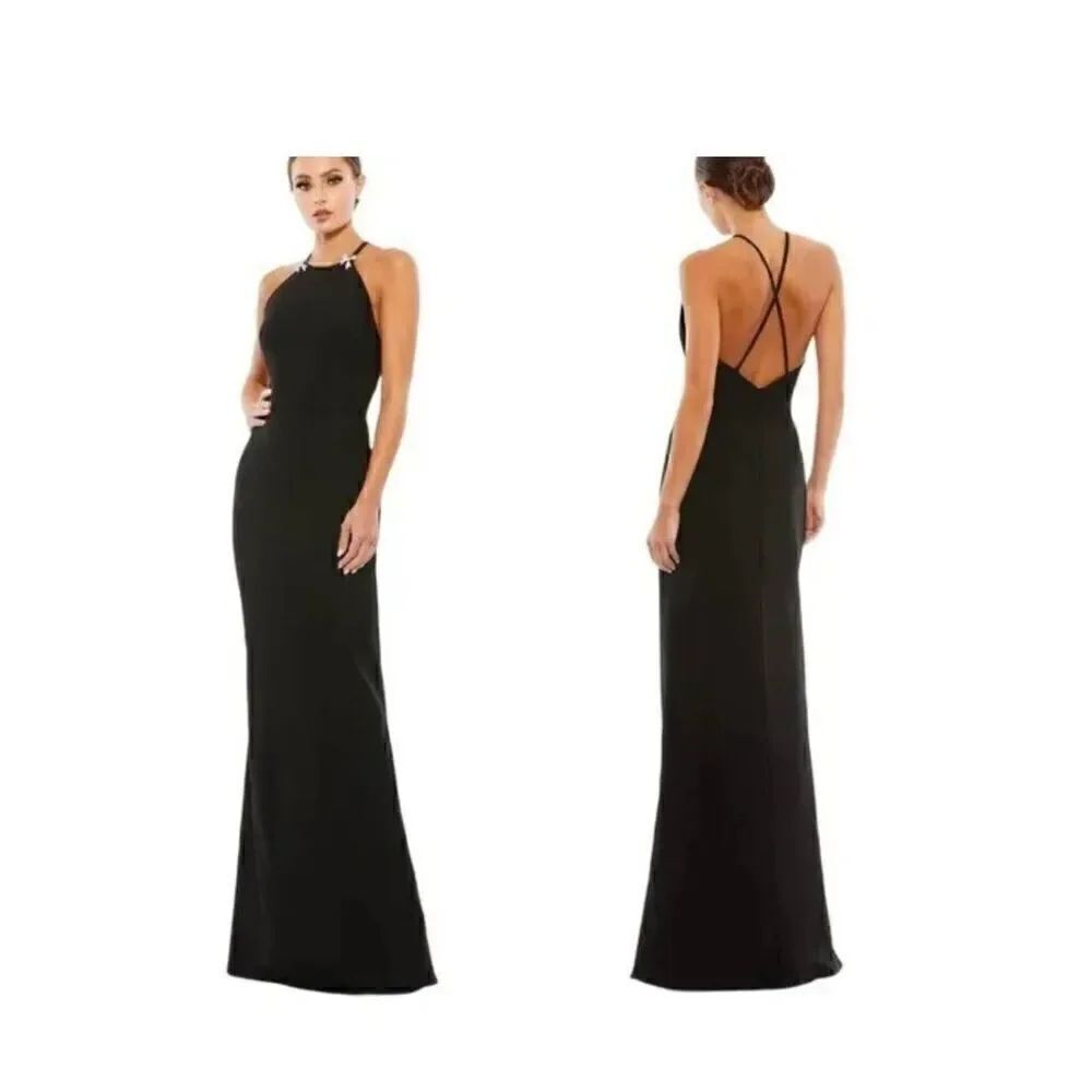 Mac Duggal Ieena Womens 8 Halter Neck Gown Black Rhinestone Bows 26618 NWT